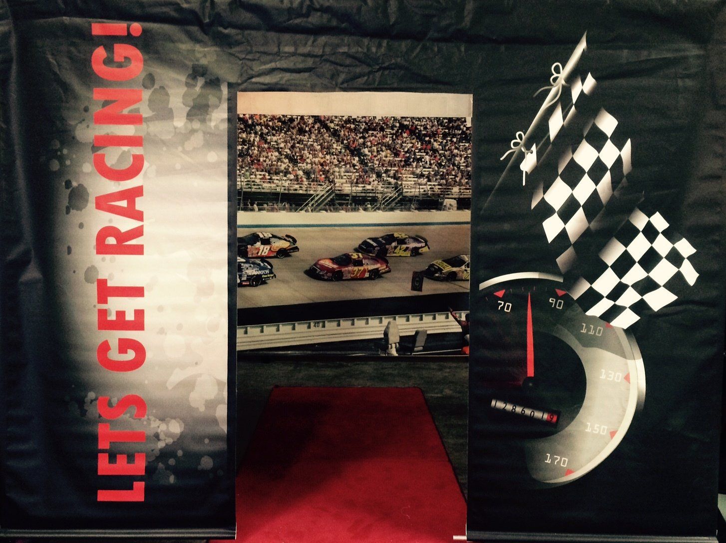 Entrance Race car 3m x 2.3m can be mounted with other race backdrops to create a room $60 incl frame& gst