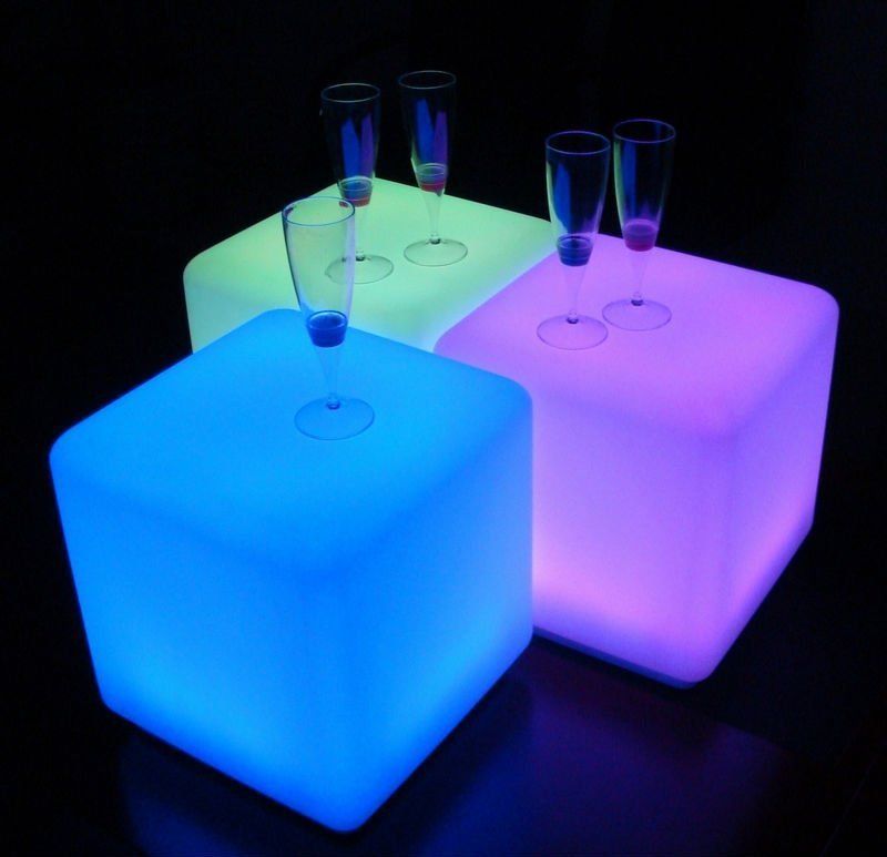 LED Cubes, 40cm x 40cm hire price $30 incl gst. Remote setting to any colour or flash or fade through colours, waterproof, rechargeable.