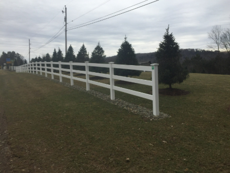 A white fence surrounds a grassy field with trees in the background.