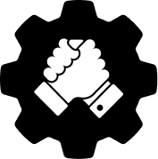 Purple gear with white hands clasped in handshake.