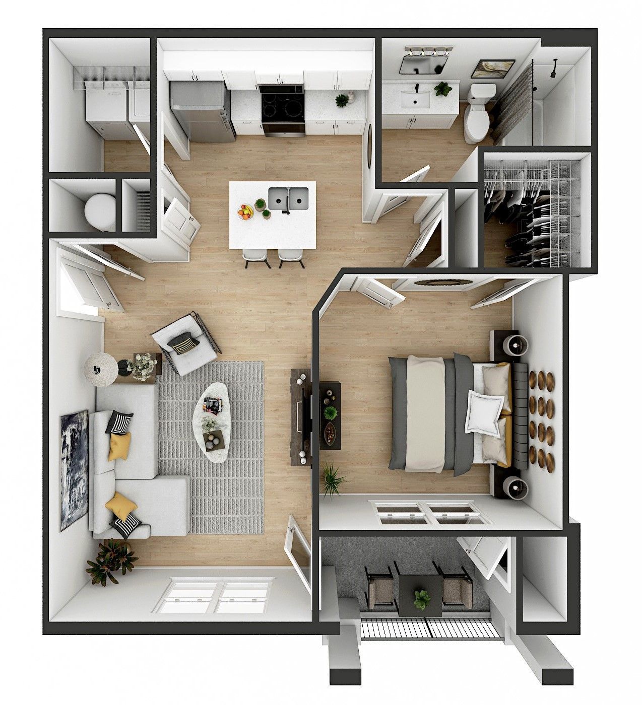 Top-down 3D apartment floor plan with living room, kitchen, bedroom, bathroom, and patio in neutral tones