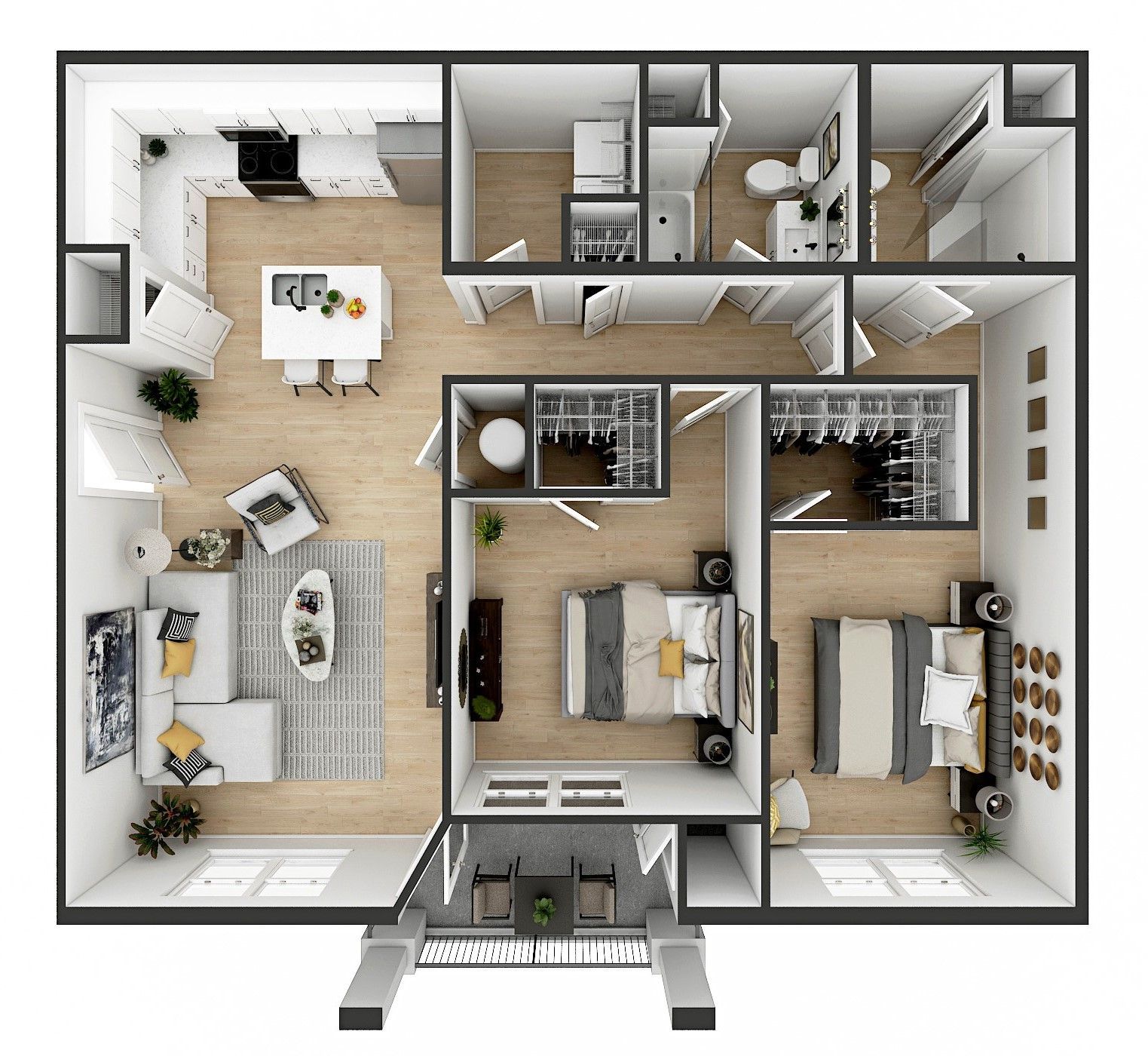 Top-down 3D floor plan of a modern apartment with living room, kitchen, two bedrooms, and bathrooms