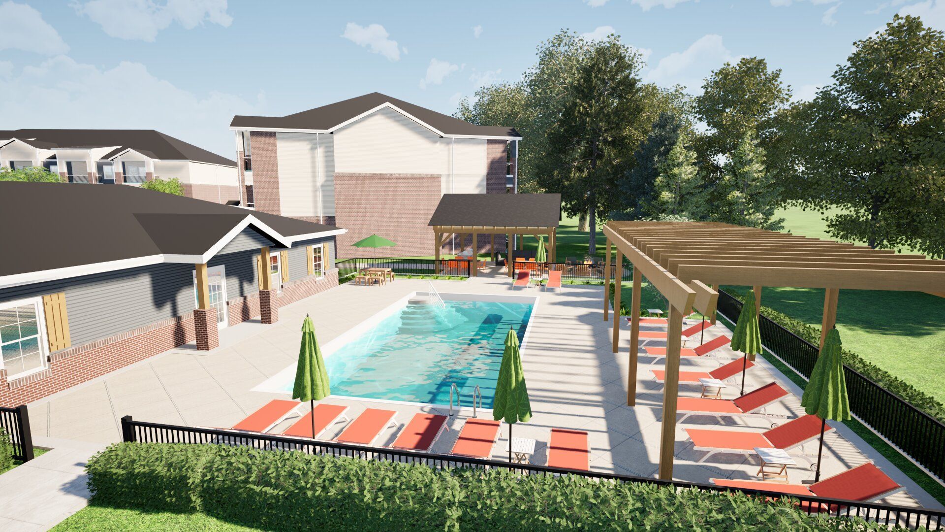 Outdoor pool with lounge chairs and pergola beside a residential building in a sunny courtyard