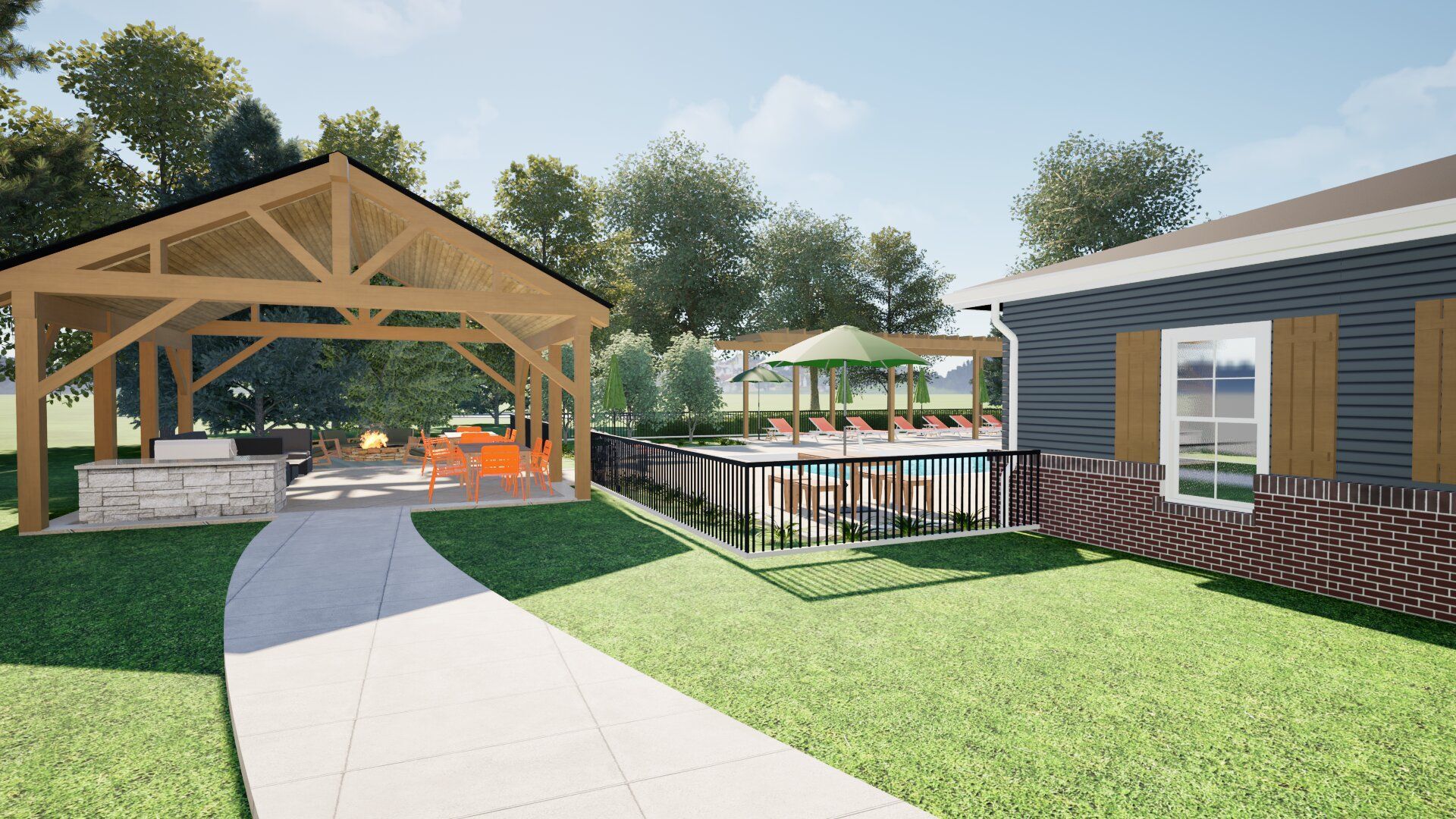 Modern outdoor courtyard with wooden pavilion, small building, paved path, and green lawn under sunny skies