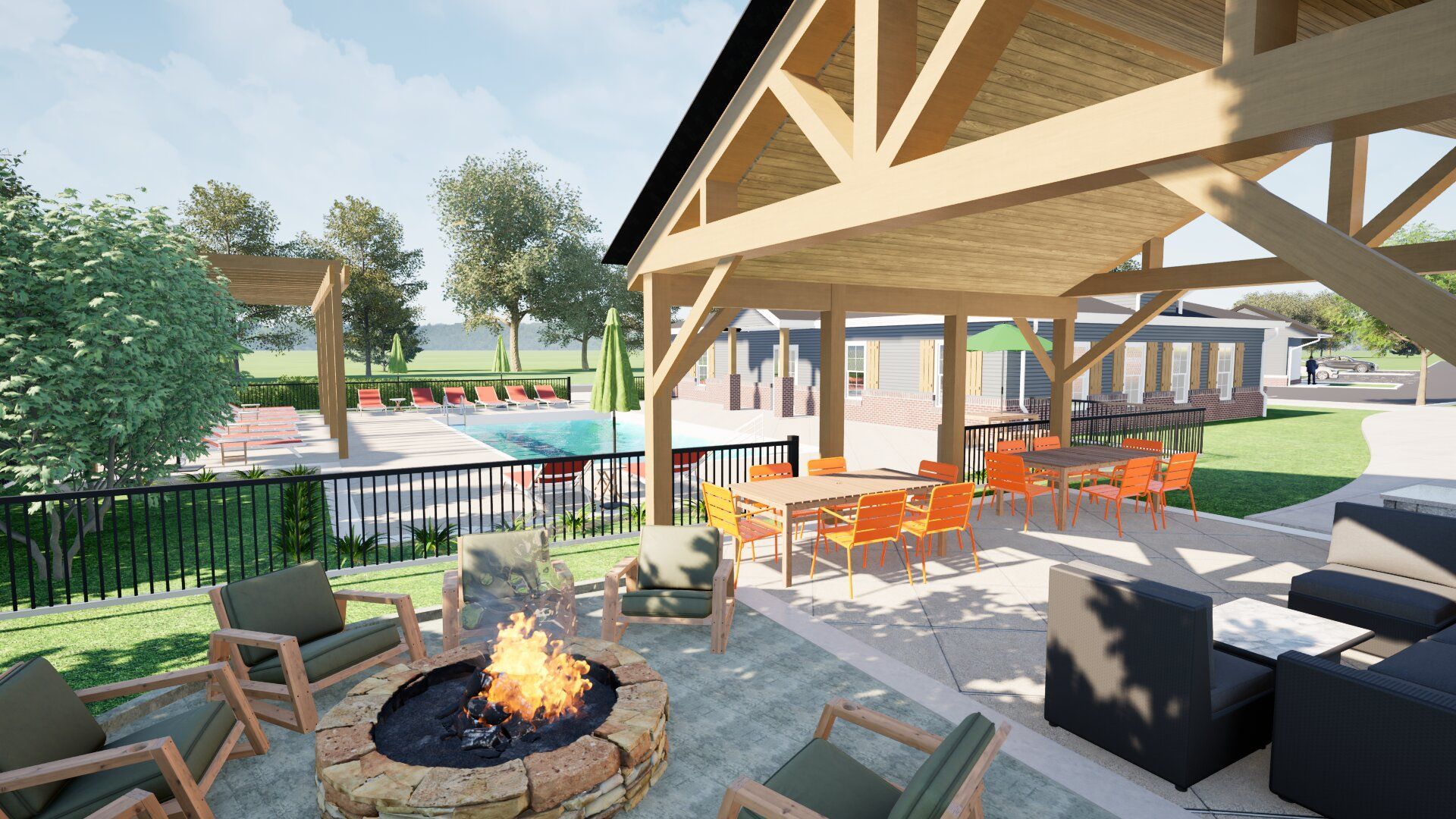 Covered patio with fire pit, lounge chairs, and dining area beside a pool and green landscape