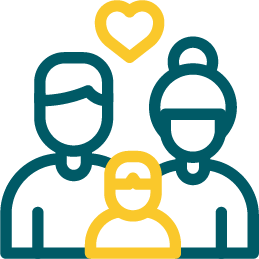 A family is sitting next to each other holding hearts.