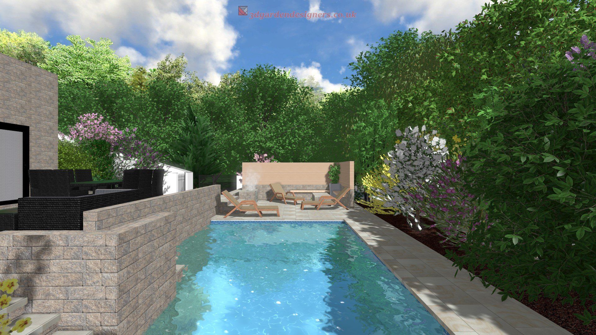 A computer generated image of a swimming pool in a backyard surrounded by trees.