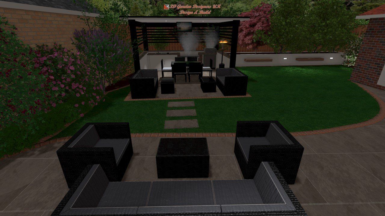 A computer generated image of a backyard with patio furniture and a gazebo.