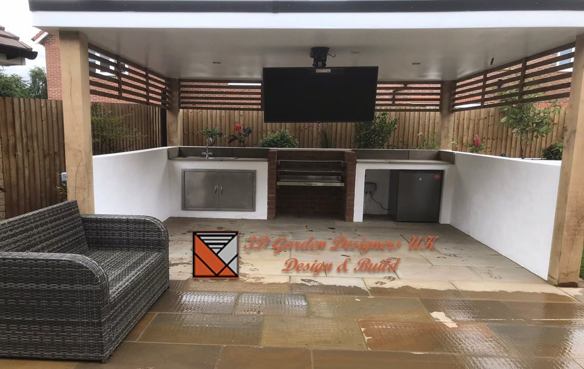 A patio area with a couch and a television.