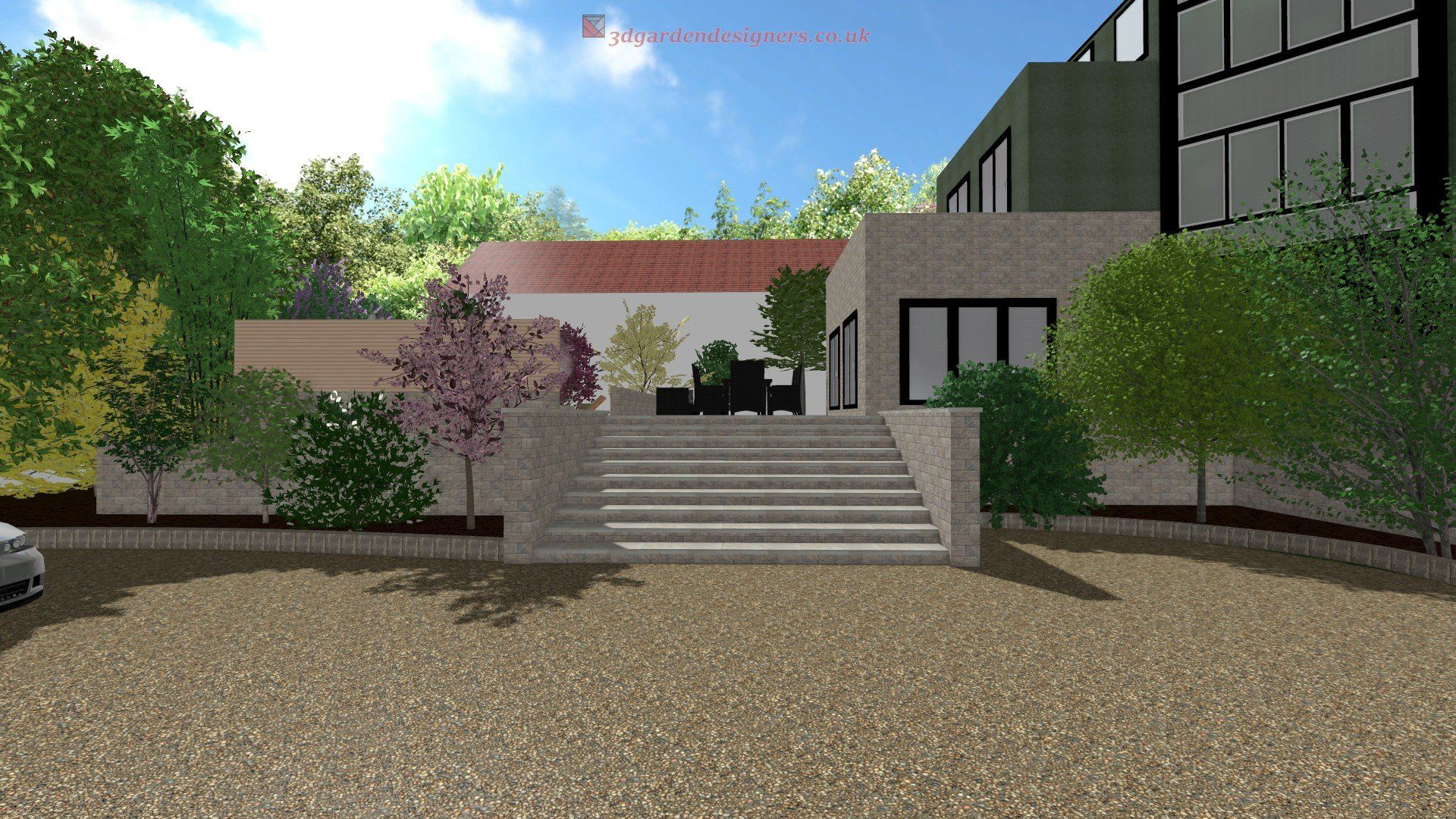 A computer generated image of a house with stairs leading up to it