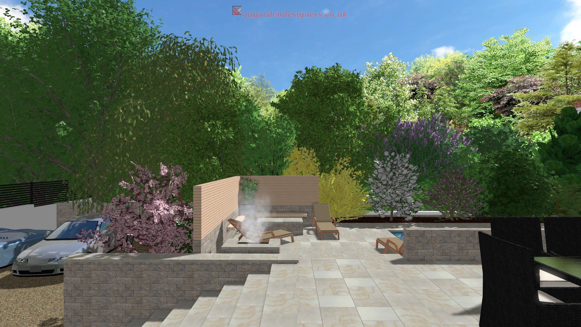 A computer generated image of a garden with trees and a fire pit