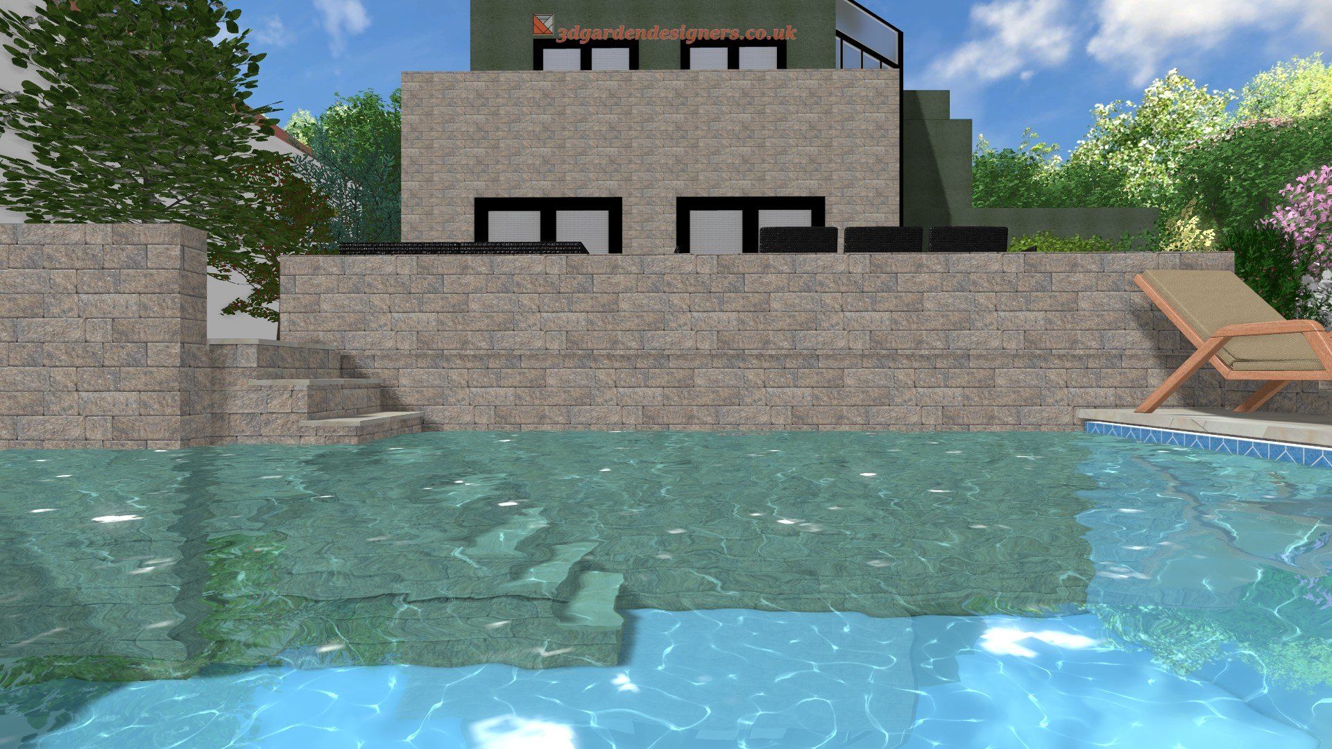 A computer generated image of a house with a swimming pool in front of it.