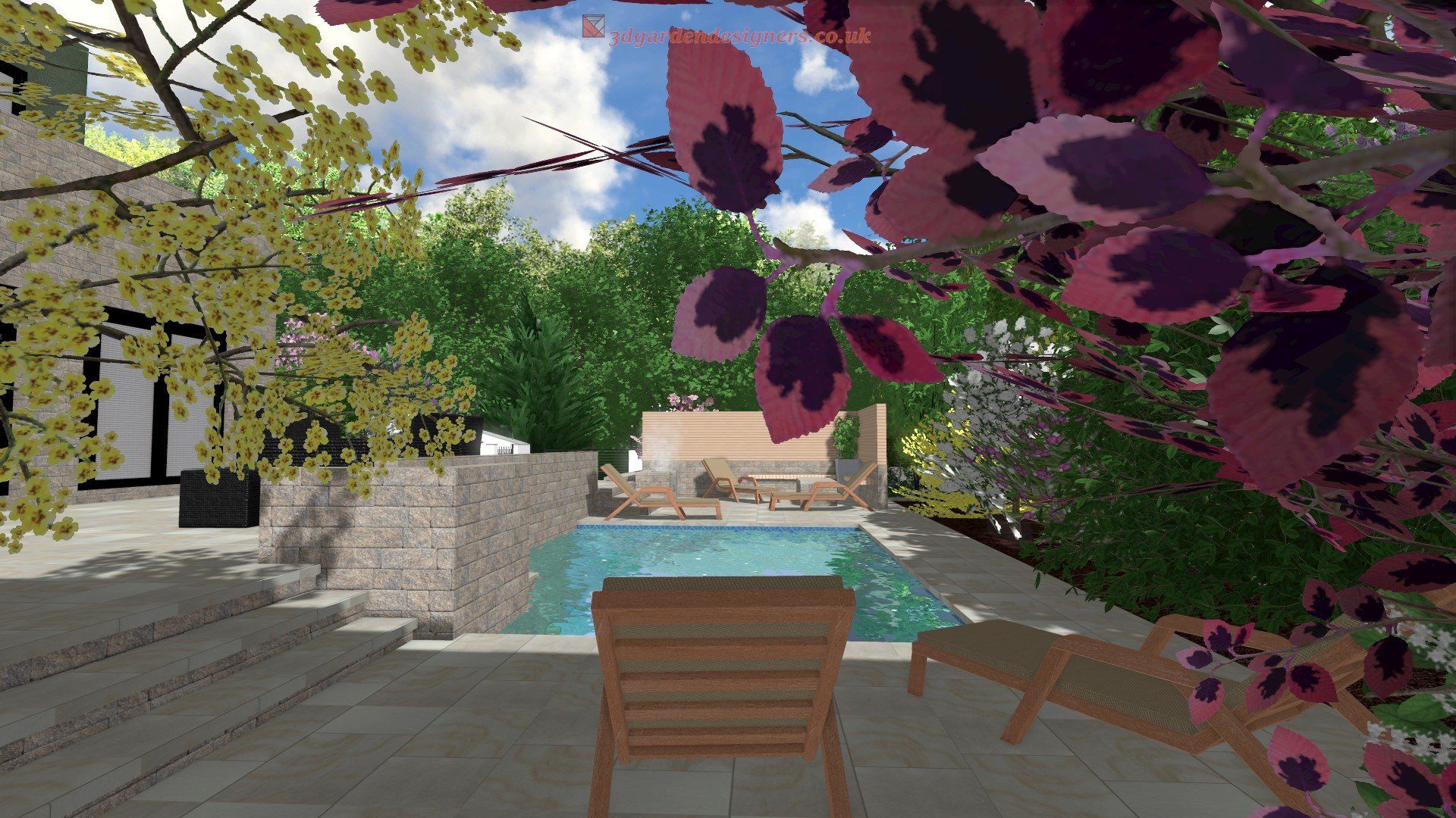 A rendering of a backyard with a swimming pool and a table and chairs.