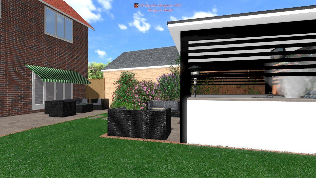 A computer generated image of a backyard with a brick house in the background