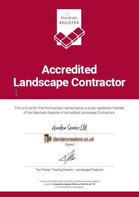 A certificate that says accredited landscape contractor on it