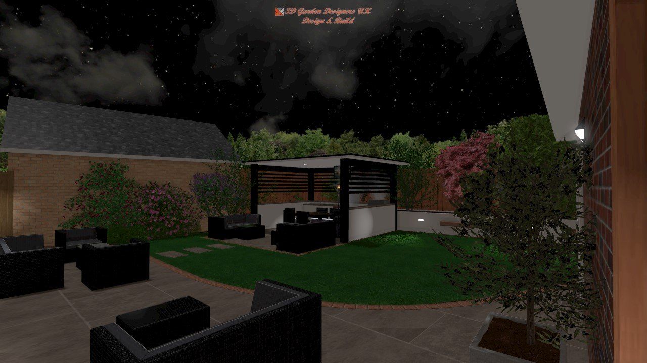 A computer generated image of a backyard at night