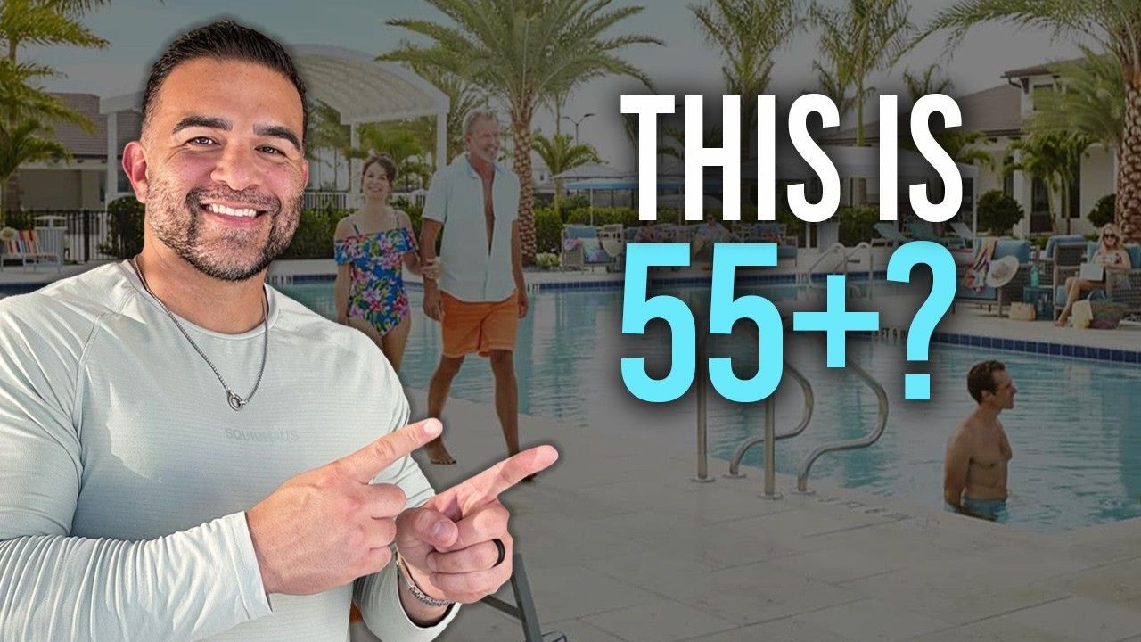 A man gestures toward a swimming pool scene with the text 