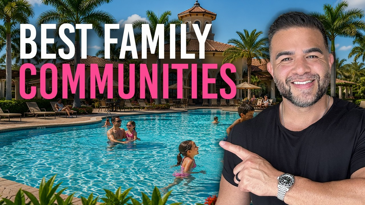 Man smiling by a resort pool with swimmers and palm trees; text reads “Best Family Communities”