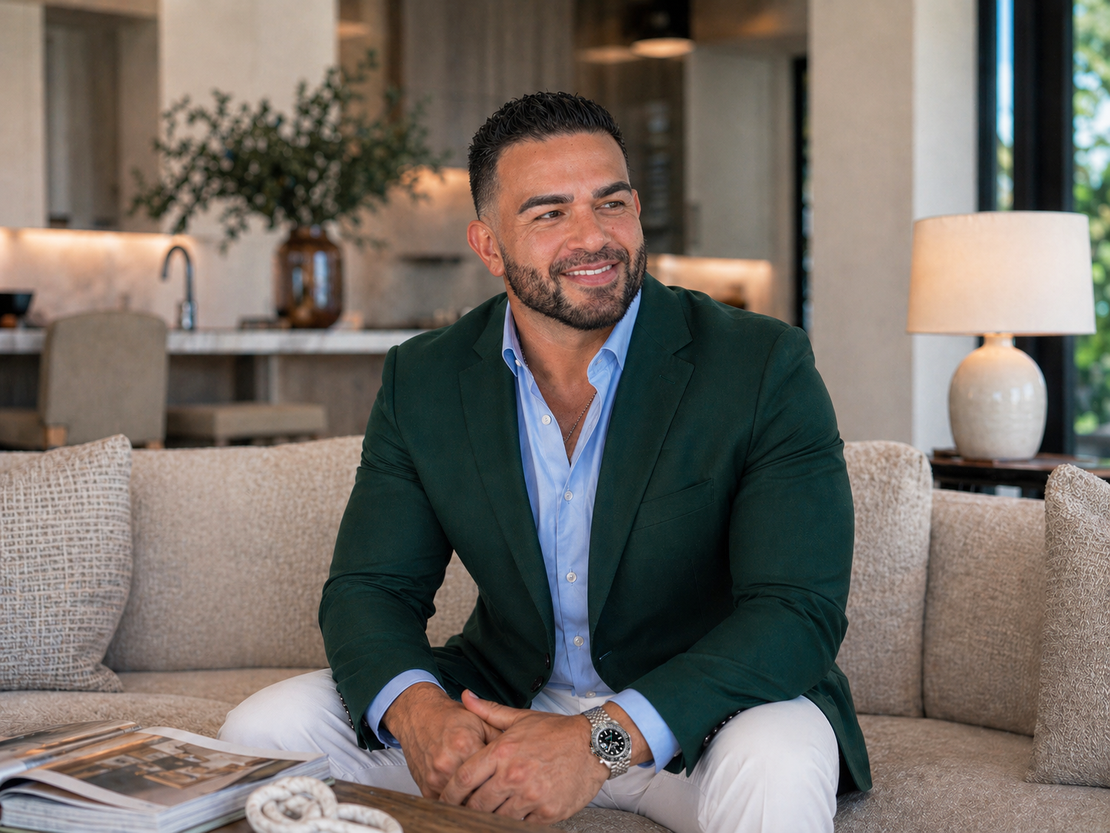 A man in a suit is sitting on a couch in a living room.