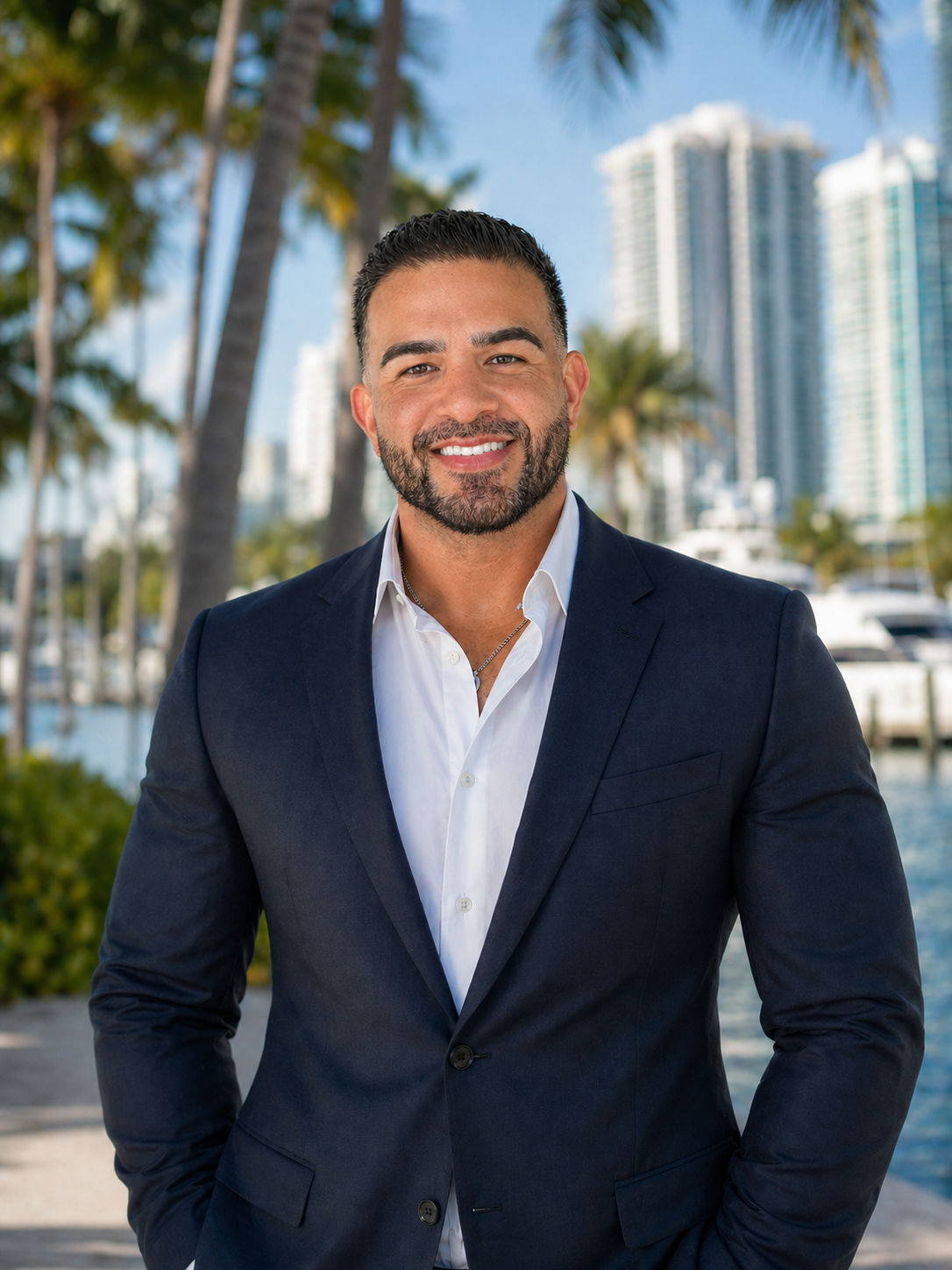 A man in a suit and white sneakers is standing in front of a building.
