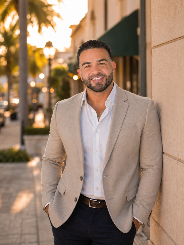 A man in a suit jacket and white shirt is standing on a sidewalk.