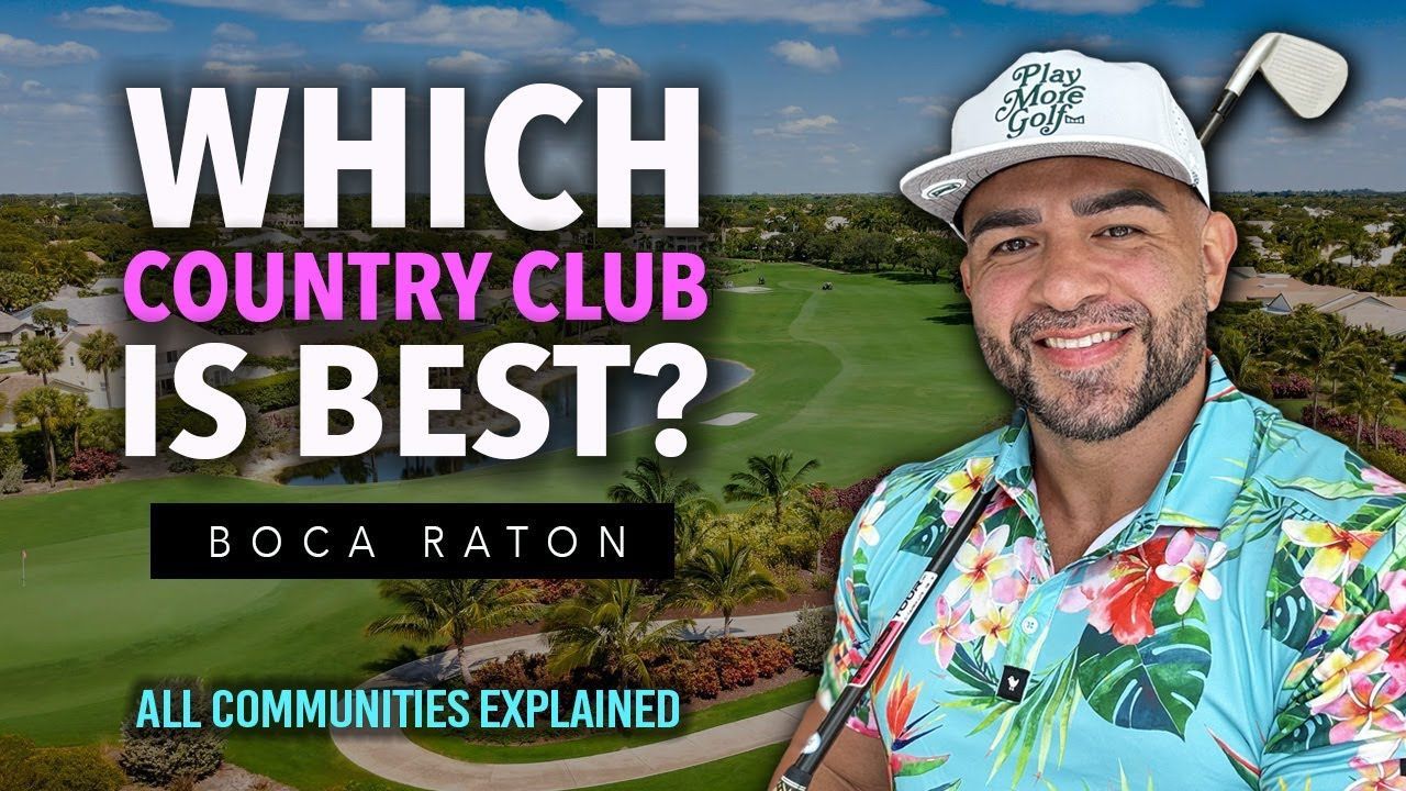 Man in floral shirt holding golf club, in front of Boca Raton golf course, title 