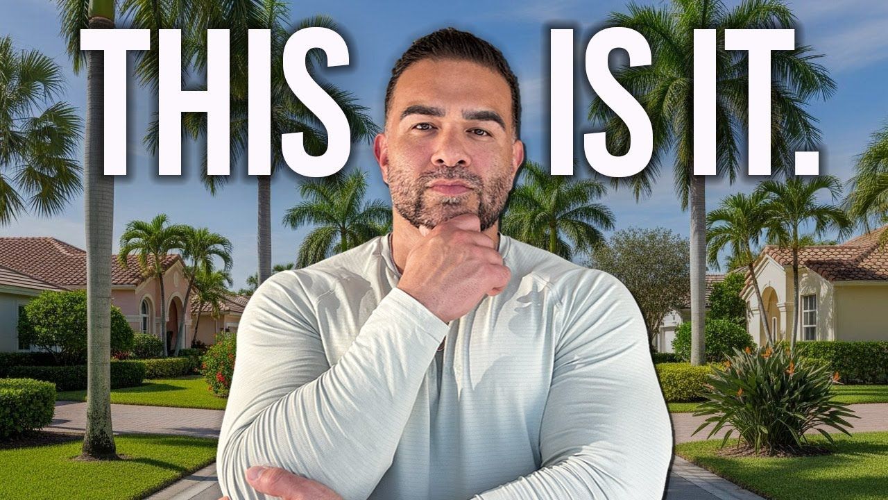 Man in front of suburban homes, touching his chin, text overlay