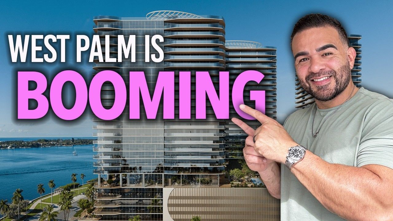 Man pointing at luxury condos, text reads 