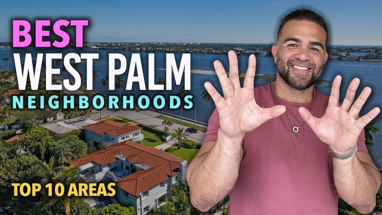 Man holding up hands near water; West Palm Beach neighborhoods, top 10 areas.
