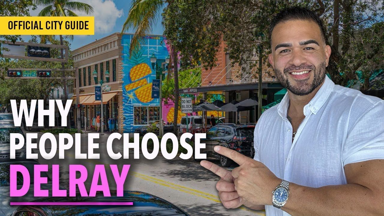 Man pointing at a street in Delray Beach, Florida, with colorful buildings and the text 