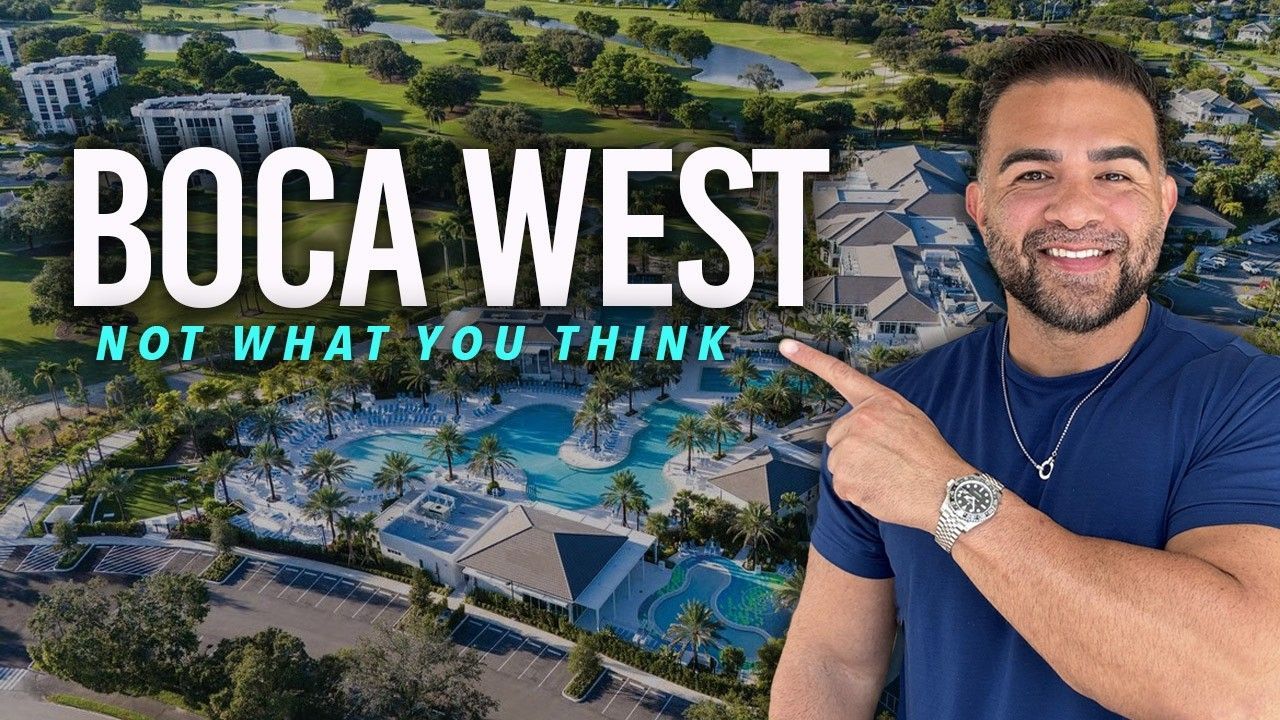 A man points to a Boca West residential area with a pool, overlaid with the text 