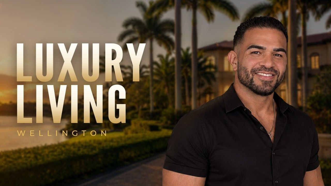 Luxury Living Wellington promo with a smiling man in a black shirt before palm trees at sunset