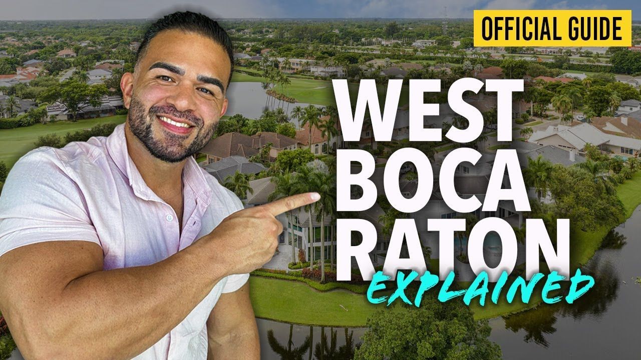 Man pointing at West Boca Raton neighborhood; smiling, white shirt, green trees, houses.