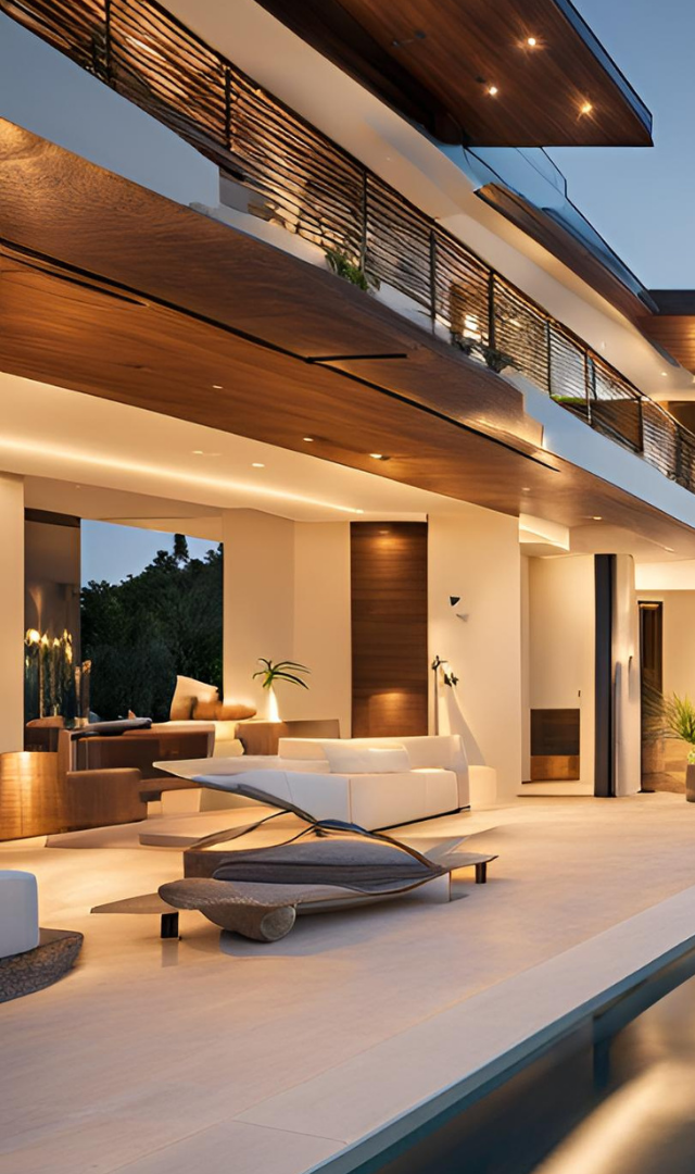 A large house with a swimming pool in front of it