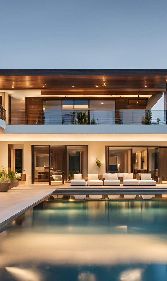 A large house with a swimming pool in front of it