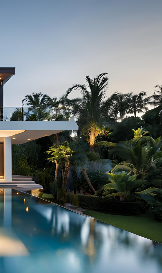 A large house with a swimming pool in front of it surrounded by palm trees.