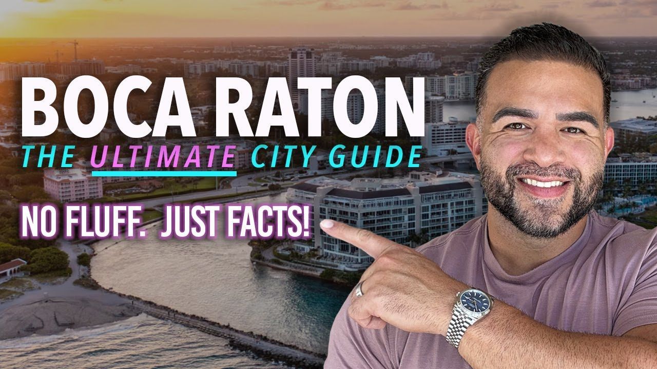 A man is pointing at a sign that says boca raton the ultimate city guide.