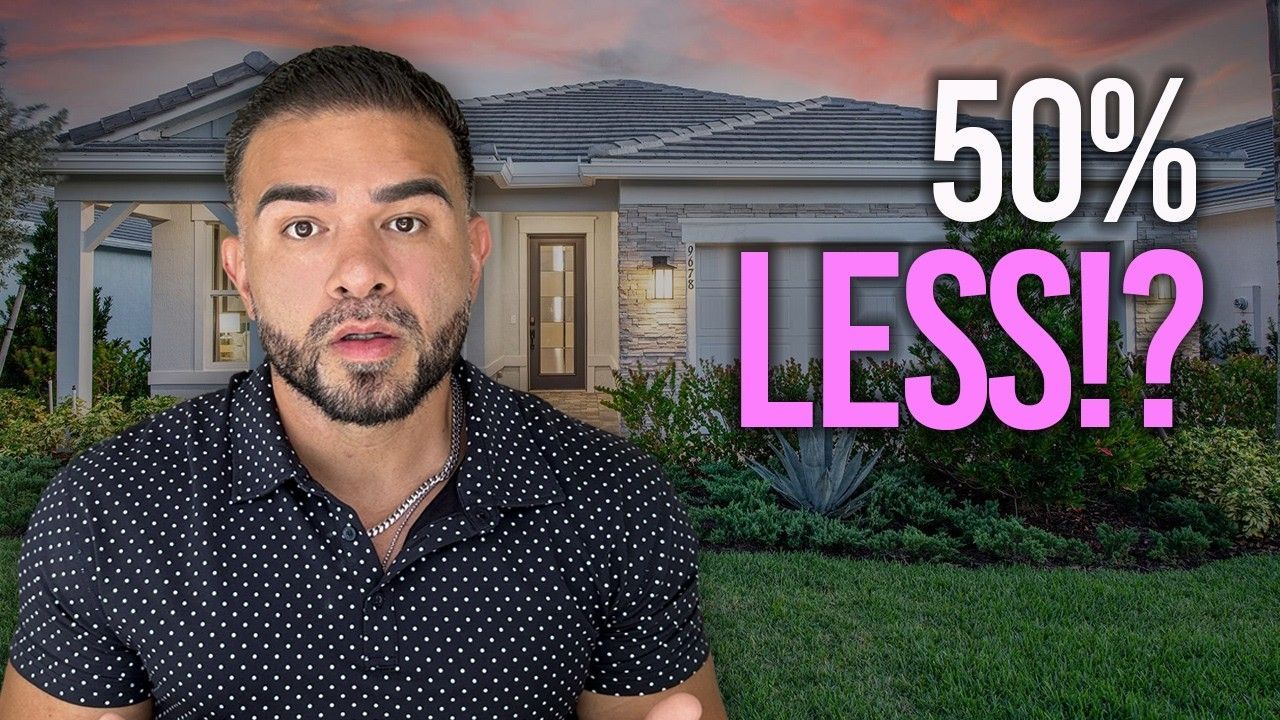 A man speaks in front of a house at sunset with the text 