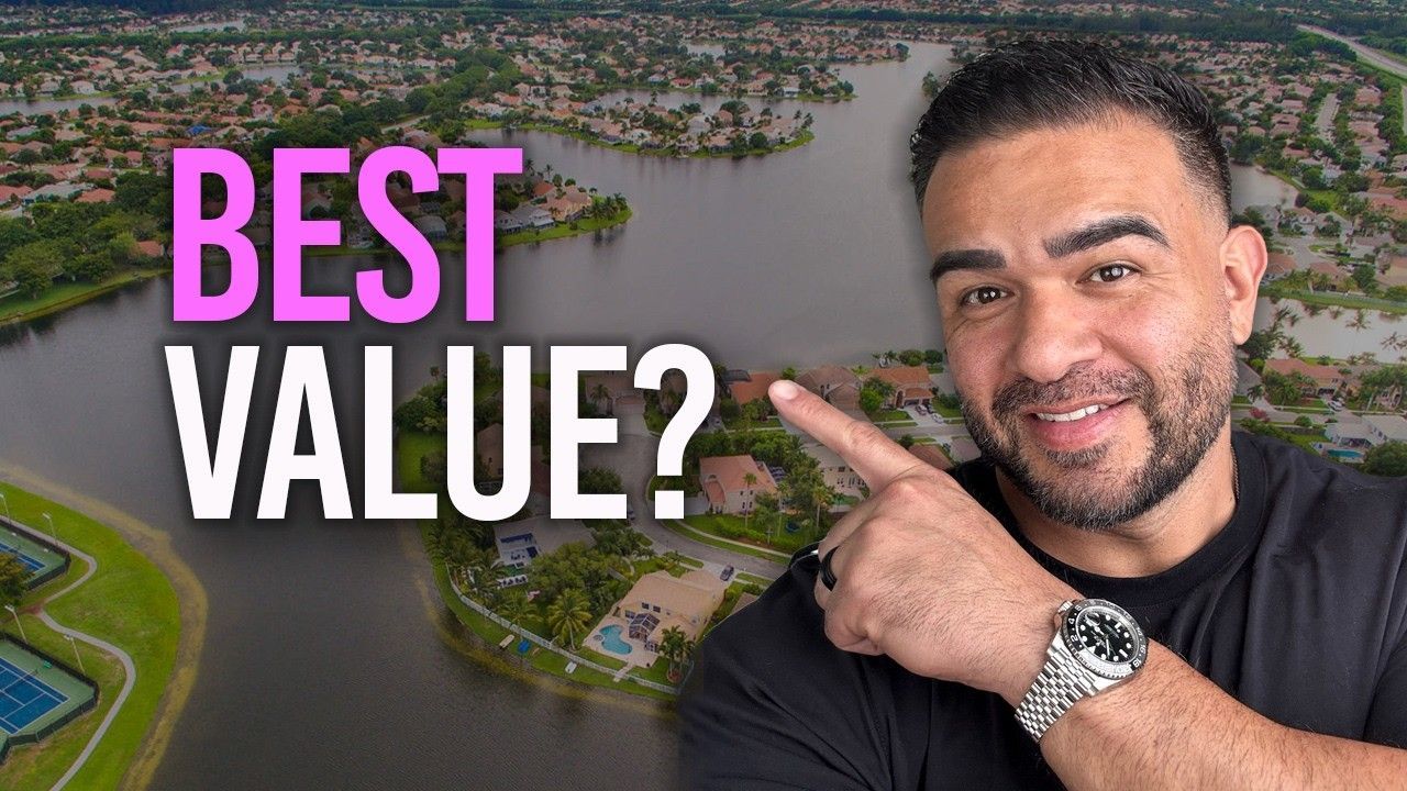 Man pointing at bold “BEST VALUE?” text over an aerial view of a suburban neighborhood and water.