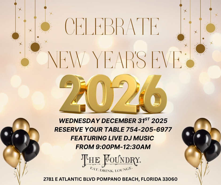 New Year's Eve party at The Foundry. Featuring 2026, gold and black balloons, and music from 9:30-12:30pm.