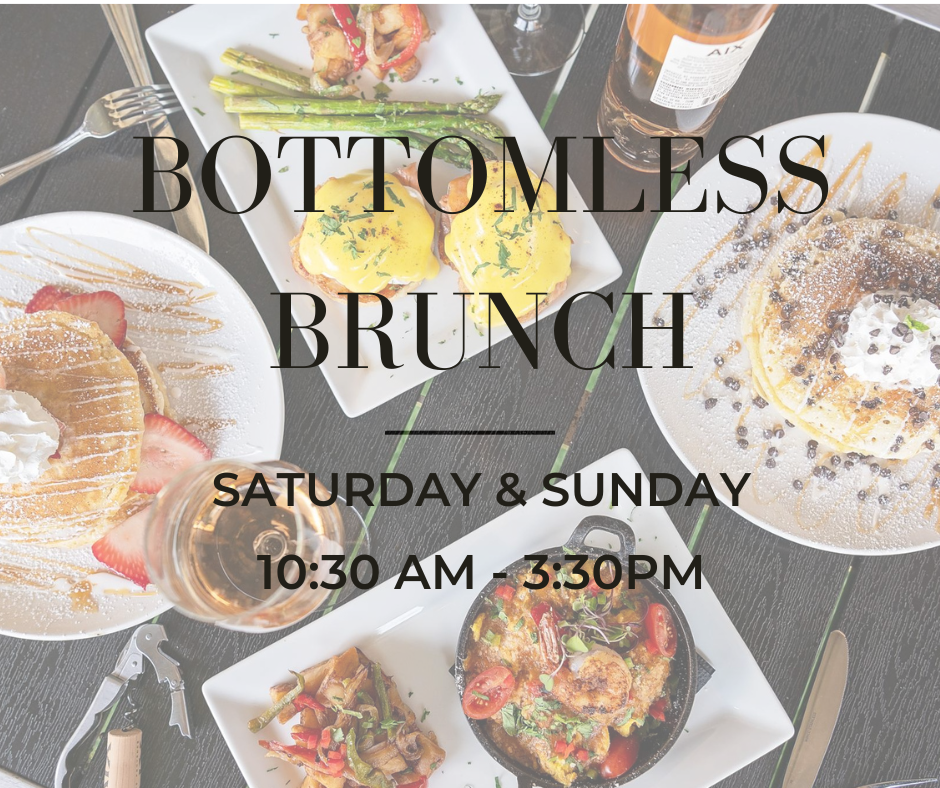 Bottomless brunch advertisement with food dishes, featuring pancakes, eggs benedict, and text: 