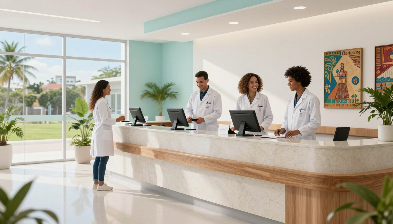 Recepção moderna de hospital na Bahia representando planos de saúde empresariais.