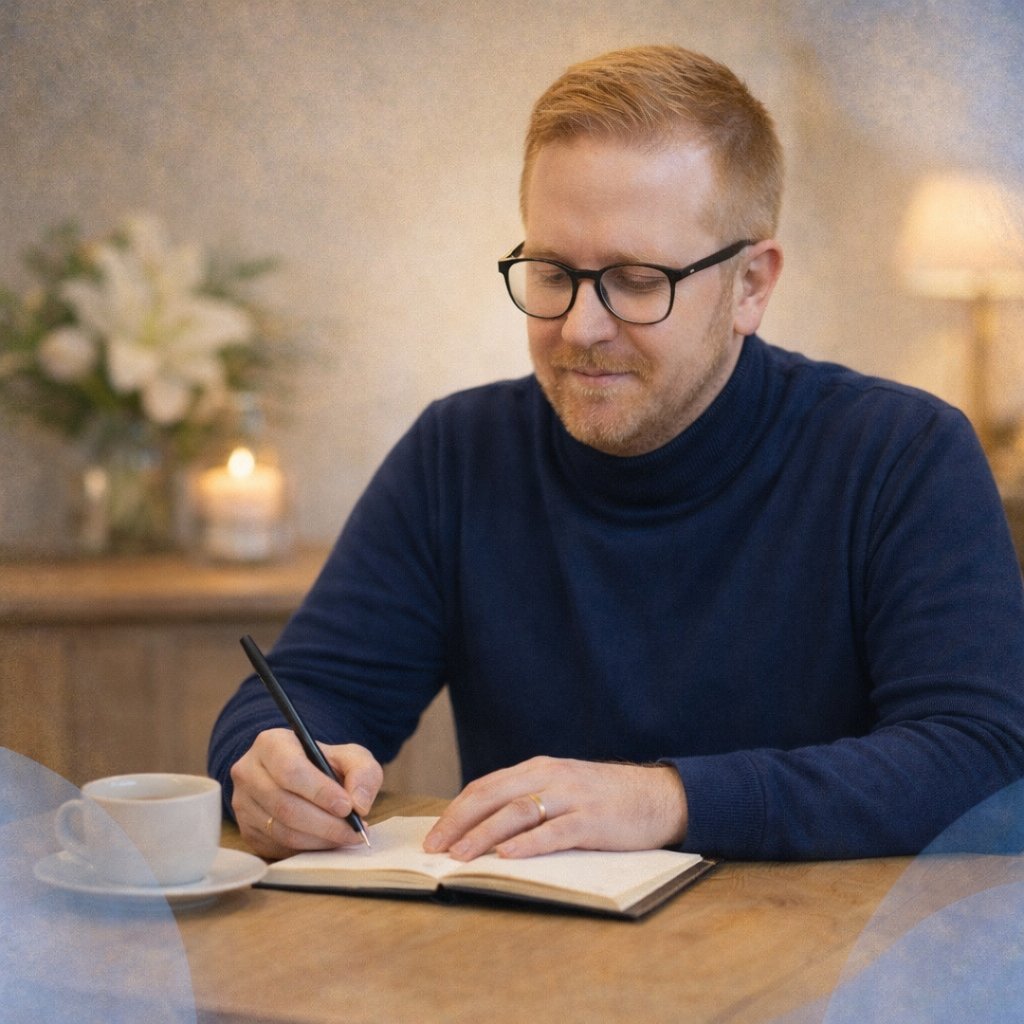 Een man met een bril schrijft in een notitieboekje aan een tafel met een koffiekopje, bloemen en een kaars.