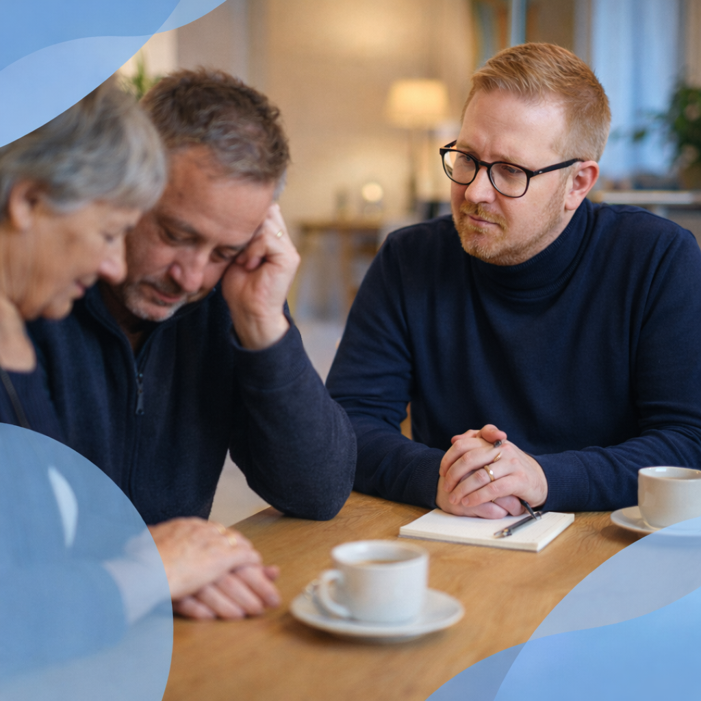 Uitvaartverzorger Freddy aan tafel bij nabestaanden
