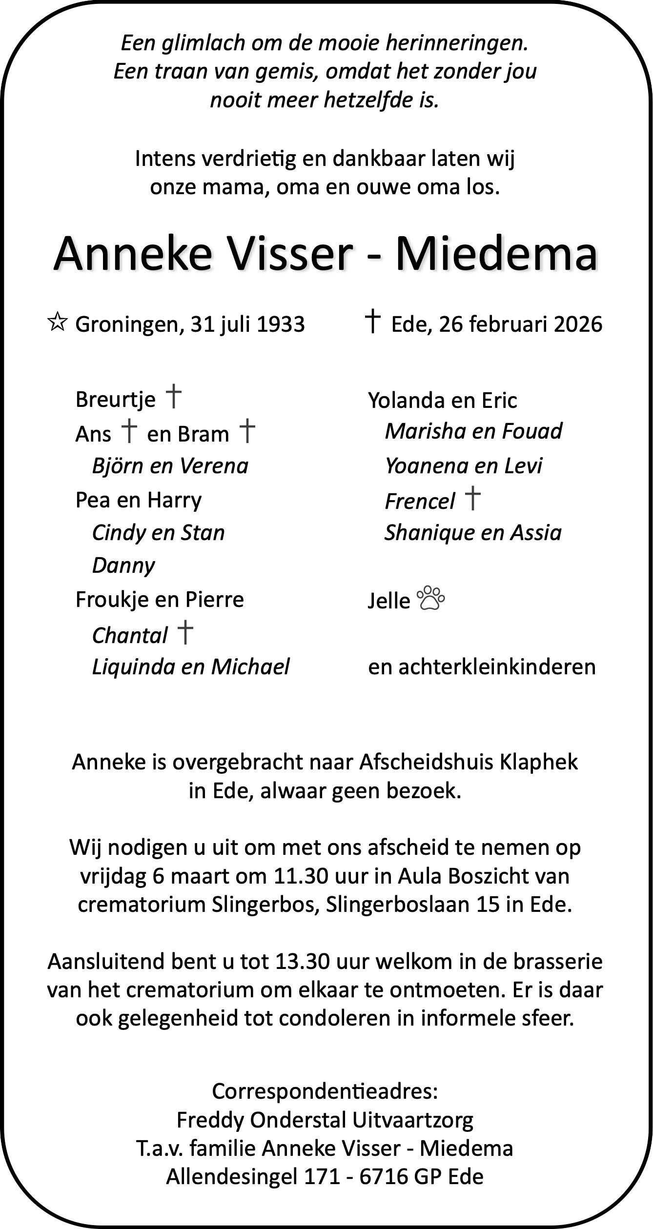 Overlijdensbericht voor Anneke Visser-Miedema, met familienamen, details van de uitvaart en correspondentieadres.