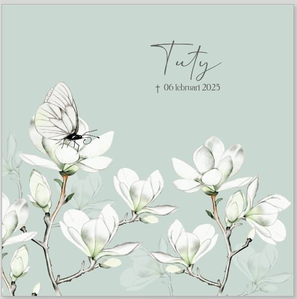 Rouwkaart met witte bloemen, een vlinder en de tekst 