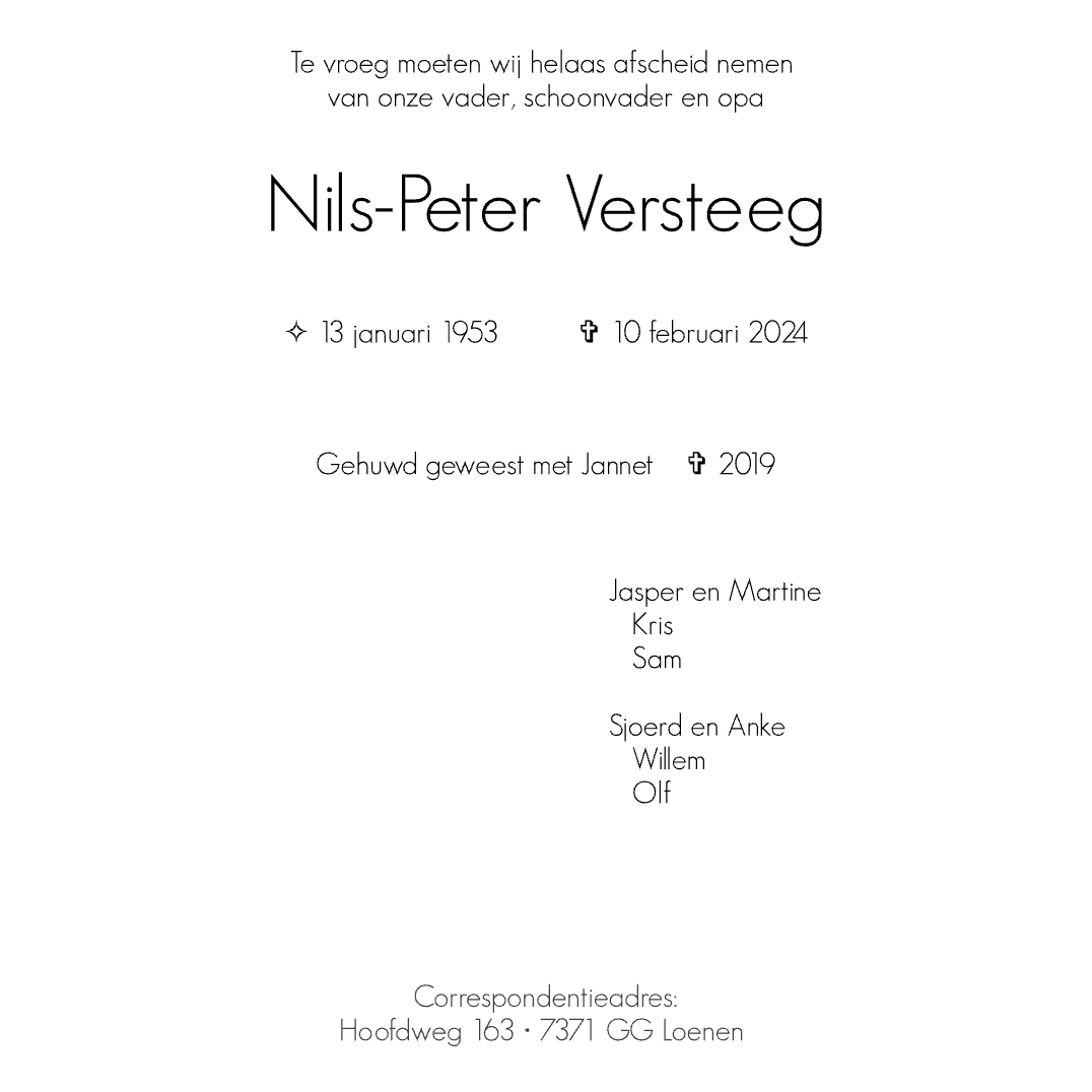 Een Nederlands overlijdensbericht voor Nils-Peter Versteeg, met vermelding van zijn geboorte- en sterfdatum en een lijst van nabestaanden.