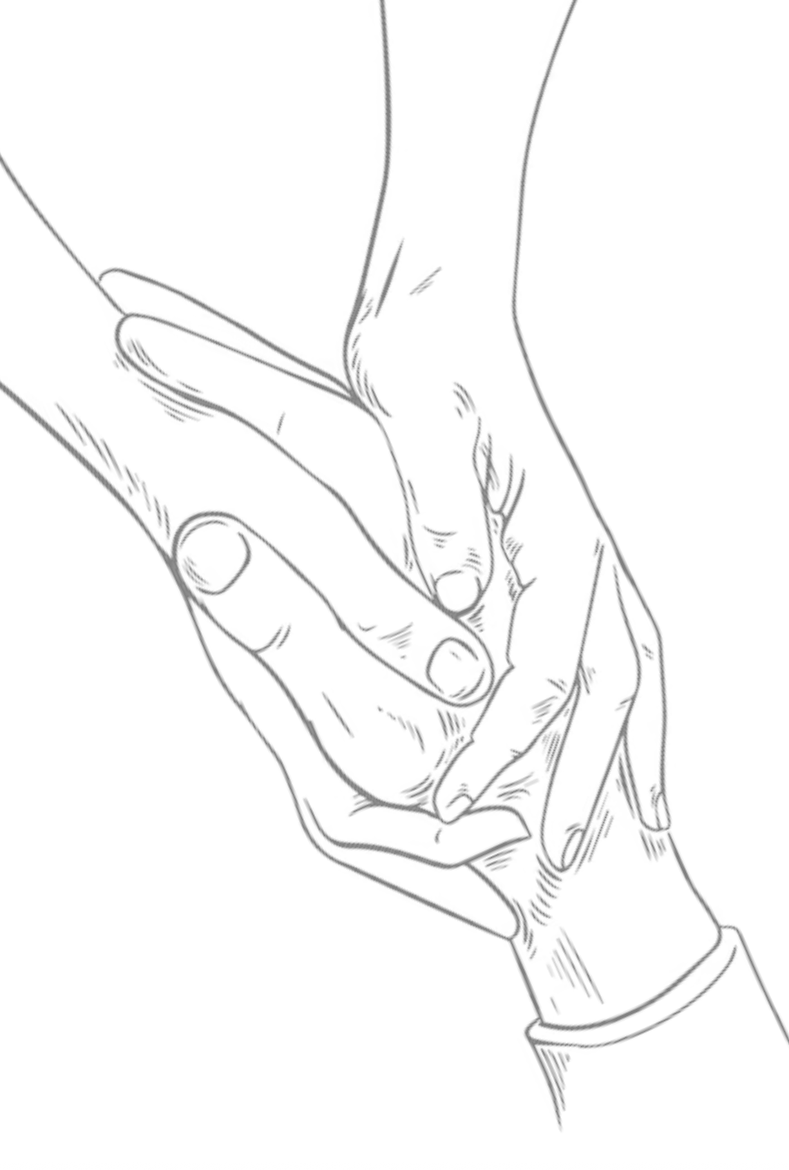 Lijntekening van twee handen die in een ondersteunende of troostende greep in elkaar zijn gevouwen.