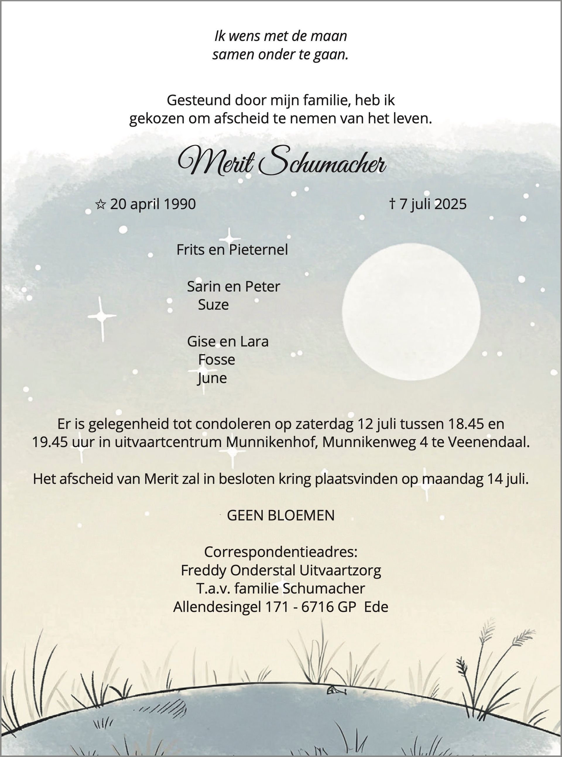 Een uitnodiging voor de geboorte van Mystic Schomakers op 17 juli 2023, met een hemels thema met een maan en sterren.