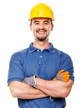 A smiling asphalt paving contractor, wearing a yellow hard hat and orange gloves.